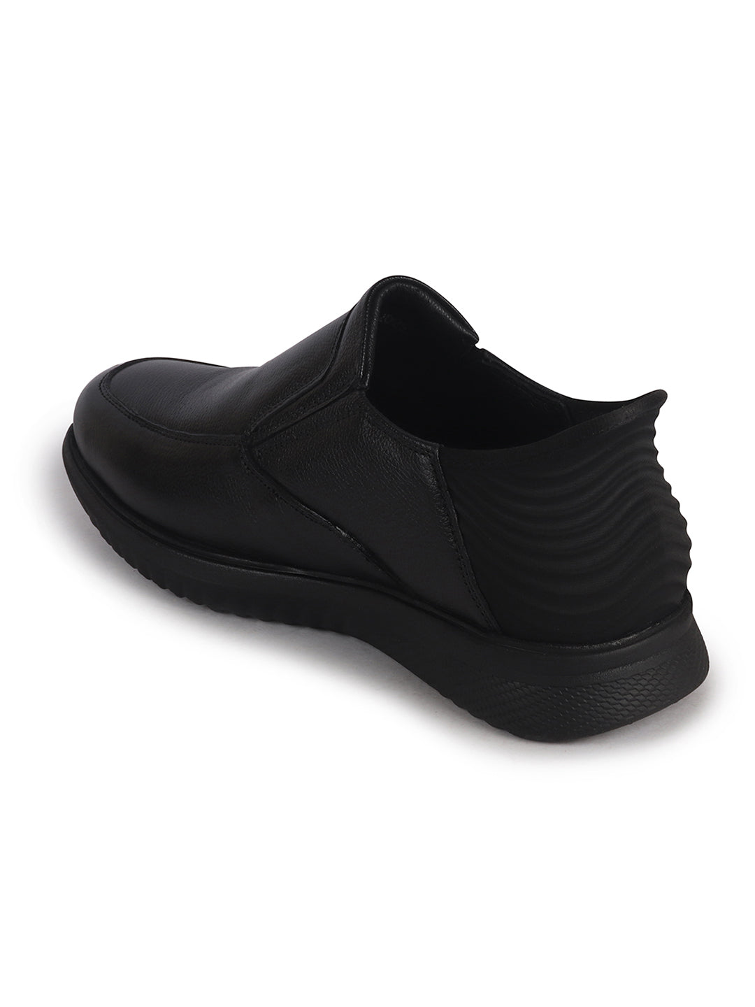 Men Black Genuine Leather Upper Stitched Round Toe Formal Hands-Free Slip-IN Shoe with Heel Collar Padded|Flatform Durable EVA Sole|Leather Memory Cushioned Insole