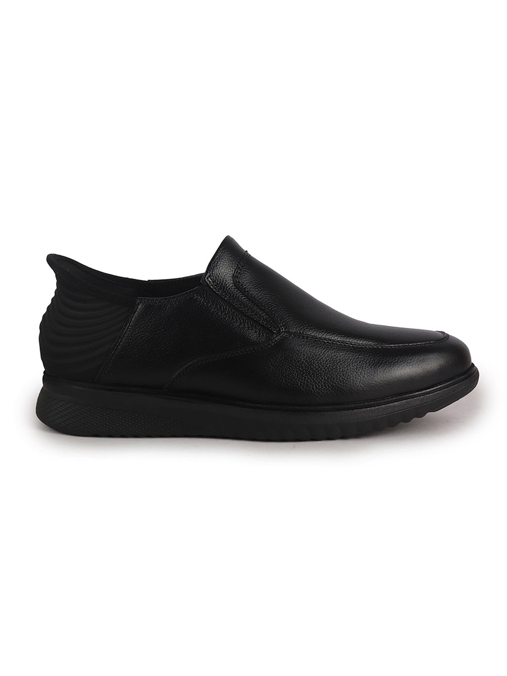 Men Black Genuine Leather Upper Stitched Round Toe Formal Hands-Free Slip-IN Shoe with Heel Collar Padded|Flatform Durable EVA Sole|Leather Memory Cushioned Insole