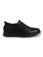 Men Black Genuine Leather Upper Stitched Round Toe Formal Hands-Free Slip-IN Shoe with Heel Collar Padded|Flatform Durable EVA Sole|Leather Memory Cushioned Insole