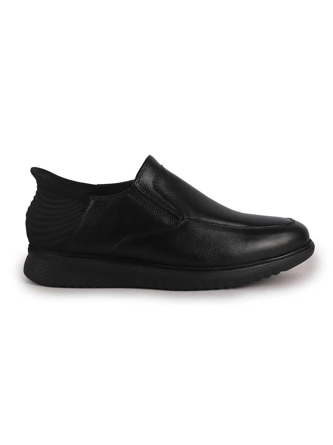 Men Black Genuine Leather Upper Stitched Round Toe Formal Hands-Free Slip-IN Shoe with Heel Collar Padded|Flatform Durable EVA Sole|Leather Memory Cushioned Insole