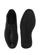 Men Black Genuine Leather Upper Stitched Round Toe Formal Hands-Free Slip-IN Shoe with Heel Collar Padded|Flatform Durable EVA Sole|Leather Memory Cushioned Insole
