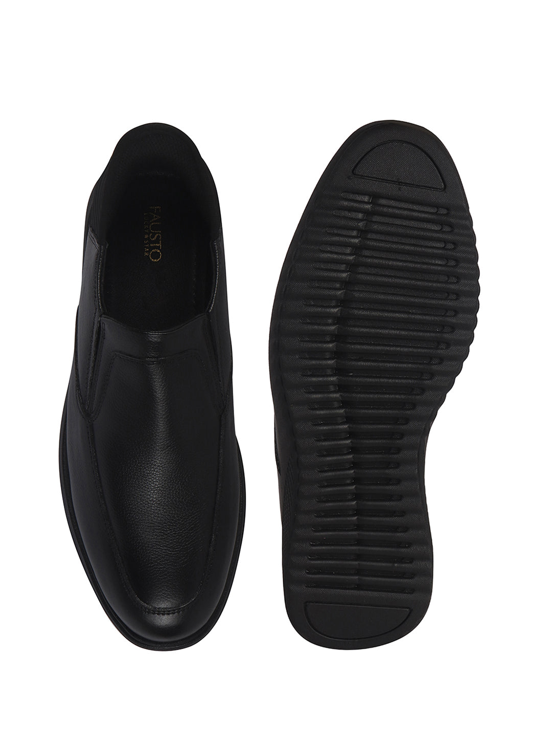 Men Black Genuine Leather Upper Stitched Round Toe Formal Hands-Free Slip-IN Shoe with Heel Collar Padded|Flatform Durable EVA Sole|Leather Memory Cushioned Insole