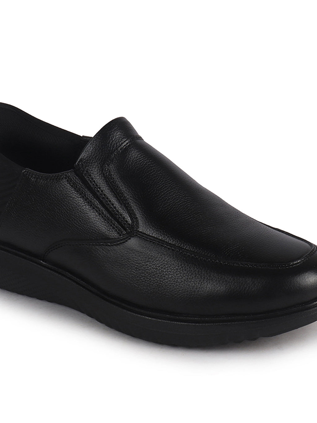 Men Black Genuine Leather Upper Stitched Round Toe Formal Hands-Free Slip-IN Shoe with Heel Collar Padded|Flatform Durable EVA Sole|Leather Memory Cushioned Insole