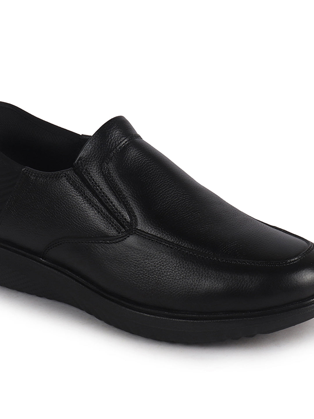 Men Black Genuine Leather Upper Stitched Round Toe Formal Hands-Free Slip-IN Shoe with Heel Collar Padded|Flatform Durable EVA Sole|Leather Memory Cushioned Insole