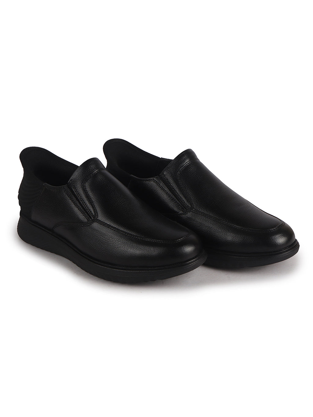 Men Black Genuine Leather Upper Stitched Round Toe Formal Hands-Free Slip-IN Shoe with Heel Collar Padded|Flatform Durable EVA Sole|Leather Memory Cushioned Insole