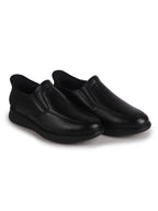 Men Black Genuine Leather Upper Stitched Round Toe Formal Hands-Free Slip-IN Shoe with Heel Collar Padded|Flatform Durable EVA Sole|Leather Memory Cushioned Insole