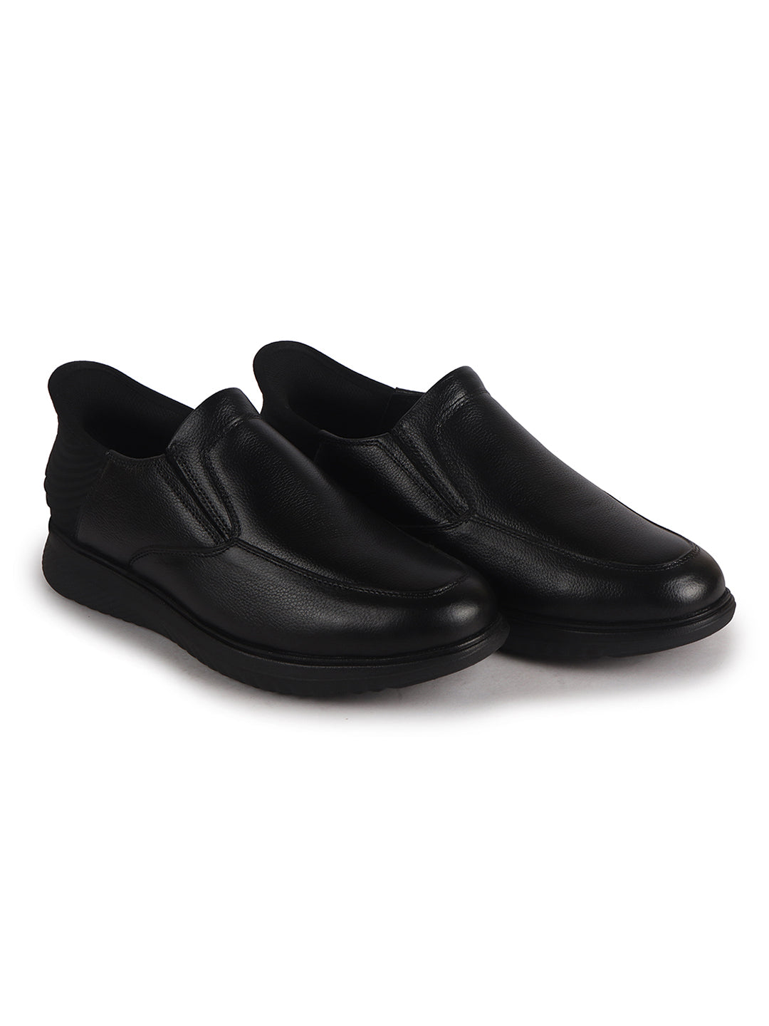 Men Black Genuine Leather Upper Stitched Round Toe Formal Hands-Free Slip-IN Shoe with Heel Collar Padded|Flatform Durable EVA Sole|Leather Memory Cushioned Insole