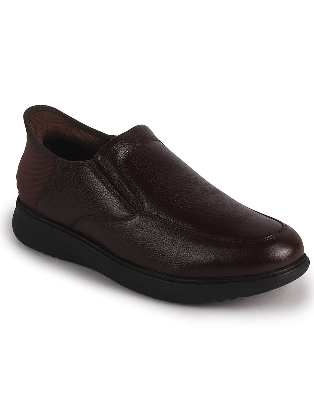 Men Brown Genuine Leather Upper Stitched Round Toe Formal Hands-Free Slip-IN Shoe with Heel Collar Padded|Flatform Durable EVA Sole|Leather Memory Cushioned Insole