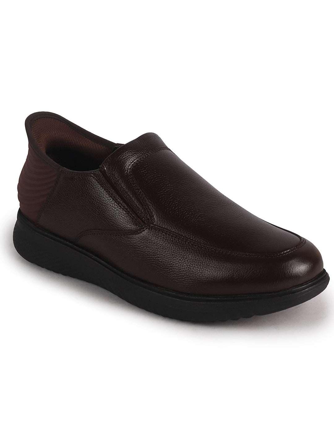 Men Brown Genuine Leather Upper Stitched Round Toe Formal Hands-Free Slip-IN Shoe with Heel Collar Padded|Flatform Durable EVA Sole|Leather Memory Cushioned Insole