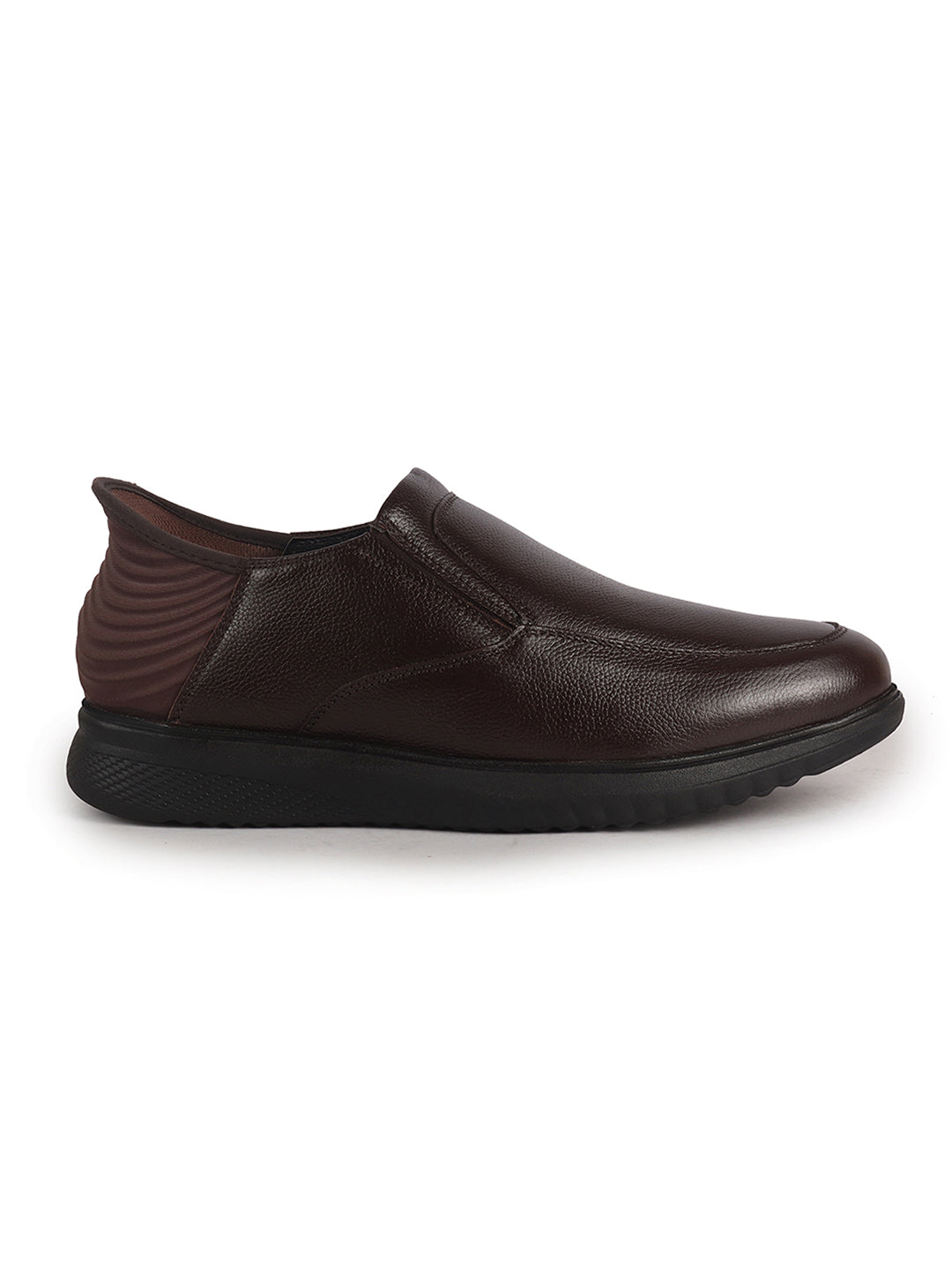 Men Brown Genuine Leather Upper Stitched Round Toe Formal Hands-Free Slip-IN Shoe with Heel Collar Padded|Flatform Durable EVA Sole|Leather Memory Cushioned Insole