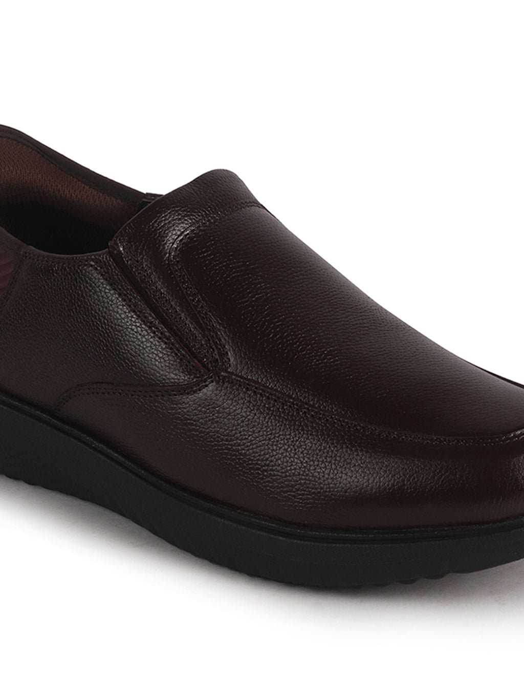 Men Brown Genuine Leather Upper Stitched Round Toe Formal Hands-Free Slip-IN Shoe with Heel Collar Padded|Flatform Durable EVA Sole|Leather Memory Cushioned Insole