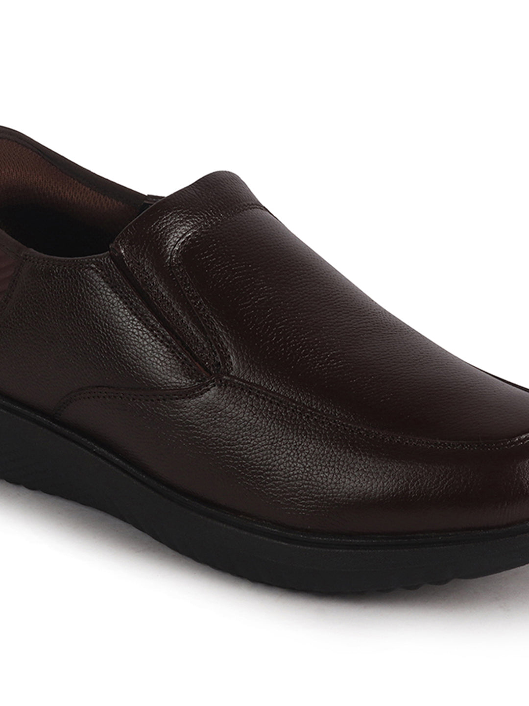 Men Brown Genuine Leather Upper Stitched Round Toe Formal Hands-Free Slip-IN Shoe with Heel Collar Padded|Flatform Durable EVA Sole|Leather Memory Cushioned Insole