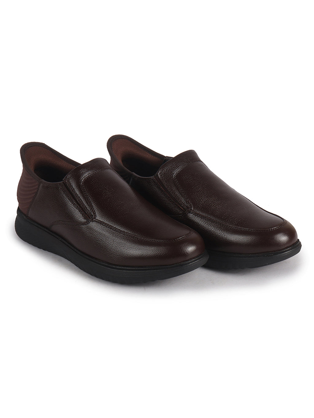 Men Brown Genuine Leather Upper Stitched Round Toe Formal Hands-Free Slip-IN Shoe with Heel Collar Padded|Flatform Durable EVA Sole|Leather Memory Cushioned Insole