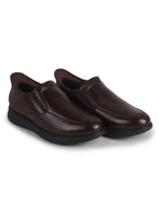 Men Brown Genuine Leather Upper Stitched Round Toe Formal Hands-Free Slip-IN Shoe with Heel Collar Padded|Flatform Durable EVA Sole|Leather Memory Cushioned Insole