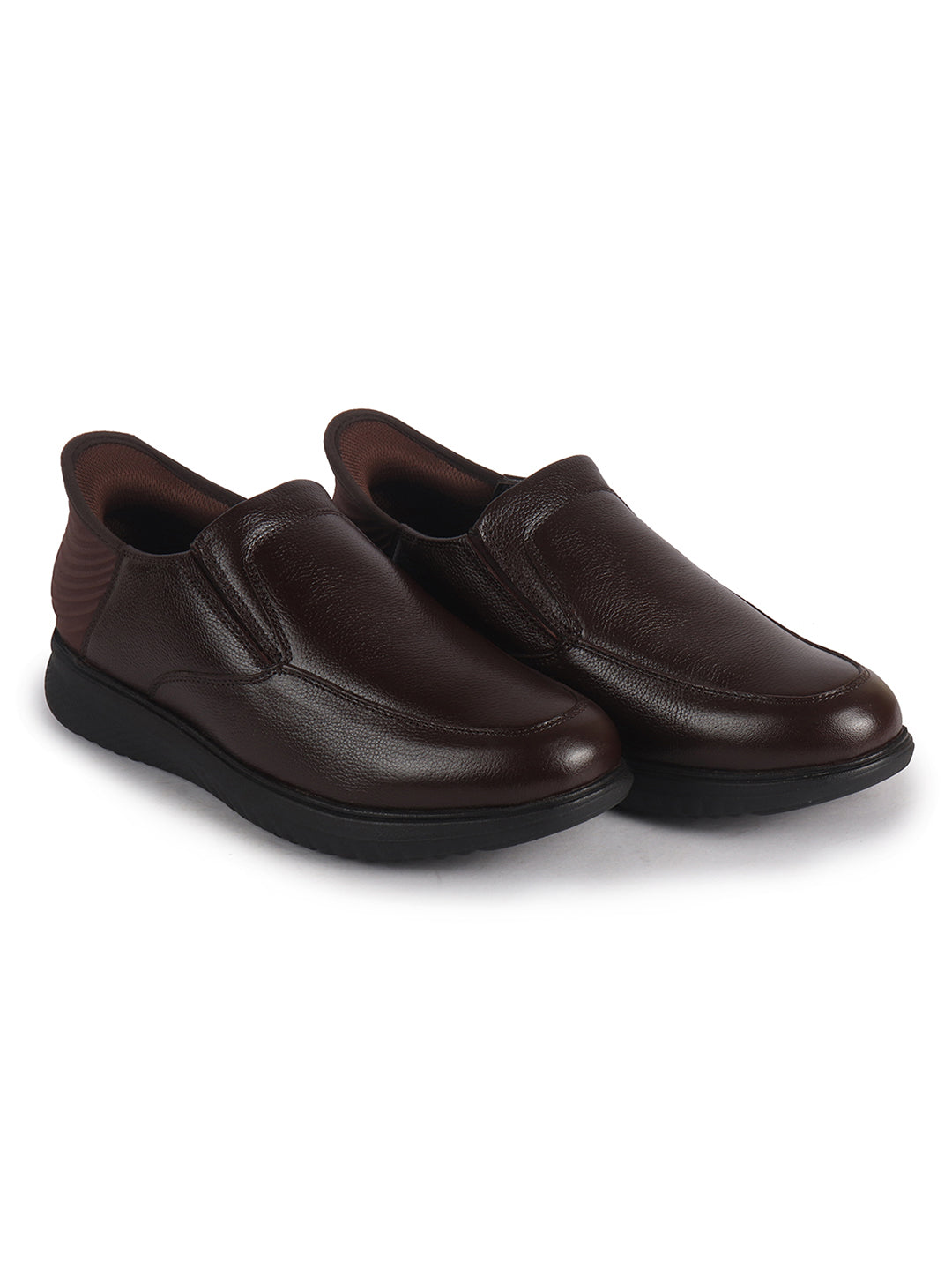 Men Brown Genuine Leather Upper Stitched Round Toe Formal Hands-Free Slip-IN Shoe with Heel Collar Padded|Flatform Durable EVA Sole|Leather Memory Cushioned Insole