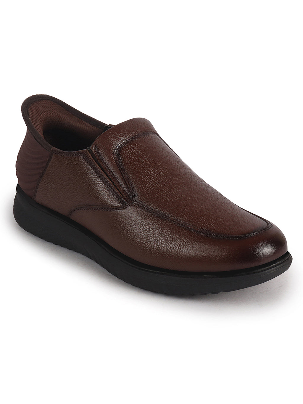 Men Tan Genuine Leather Upper Stitched Round Toe Formal Hands-Free Slip-IN Shoe with Heel Collar Padded|Flatform Durable EVA Sole|Leather Memory Cushioned Insole
