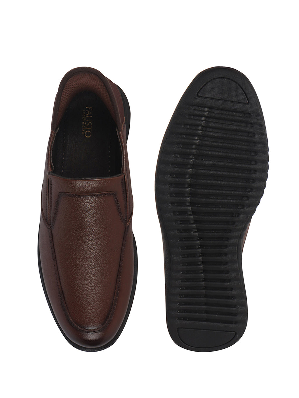 Men Tan Genuine Leather Upper Stitched Round Toe Formal Hands-Free Slip-IN Shoe with Heel Collar Padded|Flatform Durable EVA Sole|Leather Memory Cushioned Insole