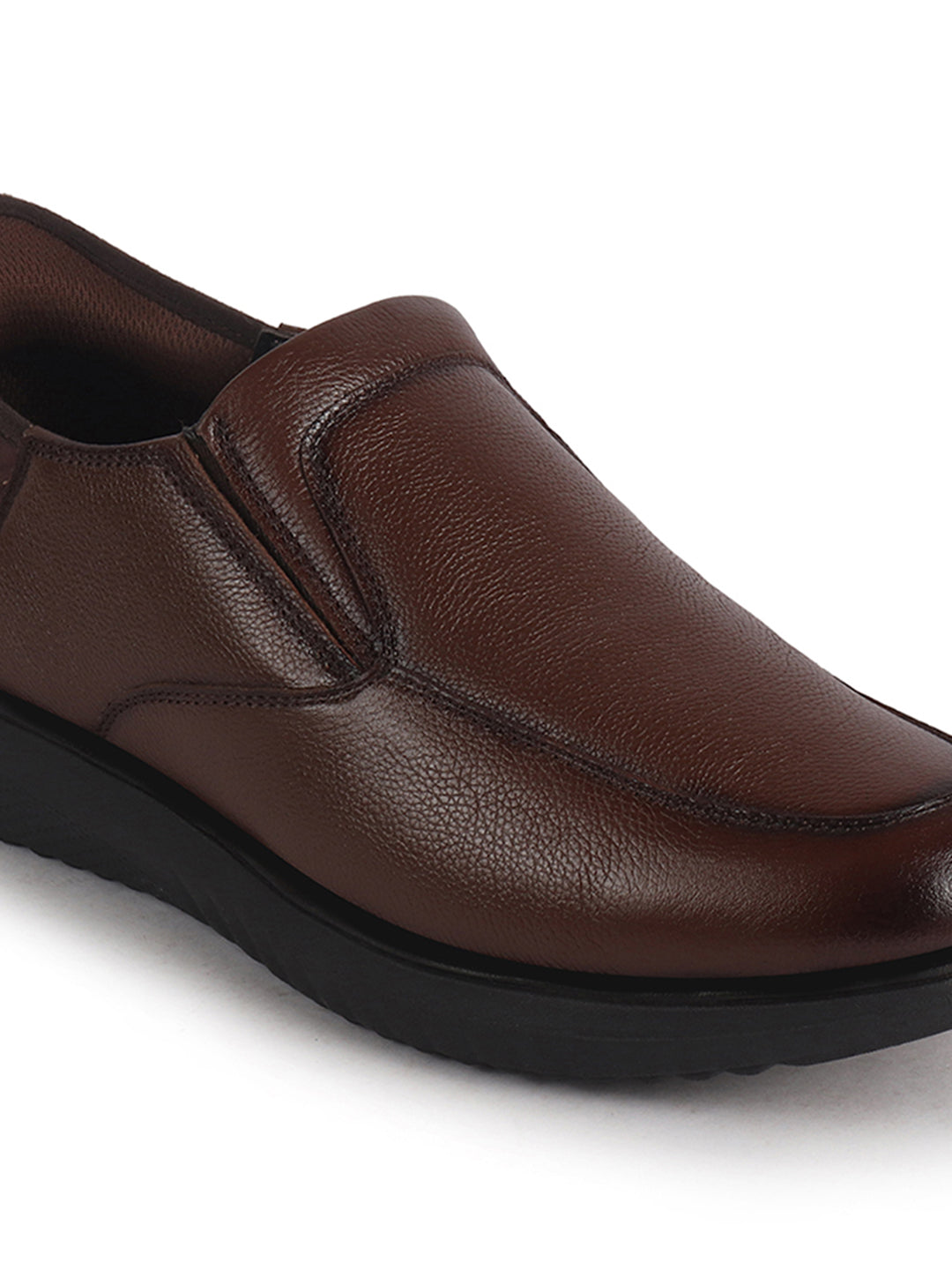 Men Tan Genuine Leather Upper Stitched Round Toe Formal Hands-Free Slip-IN Shoe with Heel Collar Padded|Flatform Durable EVA Sole|Leather Memory Cushioned Insole