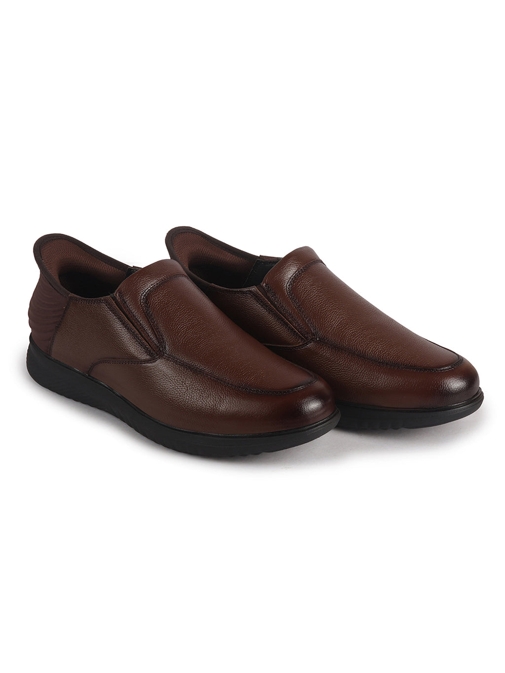 Men Tan Genuine Leather Upper Stitched Round Toe Formal Hands-Free Slip-IN Shoe with Heel Collar Padded|Flatform Durable EVA Sole|Leather Memory Cushioned Insole