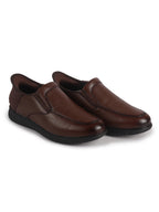 Men Tan Genuine Leather Upper Stitched Round Toe Formal Hands-Free Slip-IN Shoe with Heel Collar Padded|Flatform Durable EVA Sole|Leather Memory Cushioned Insole