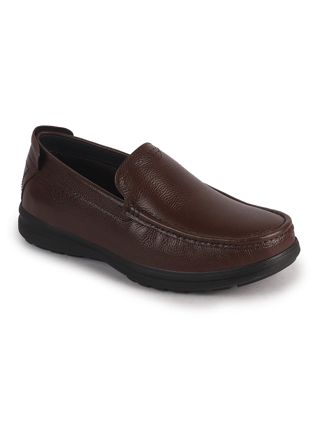 Men Brown Genuine Leather Upper Stitched Round Toe Formal Pull On Loafer Shoe For Office, Meetings|Anti Skid Flexible EVA Sole|Leather Memory Cushioned Insole