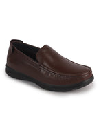 Men Brown Genuine Leather Upper Stitched Round Toe Formal Pull On Loafer Shoe For Office, Meetings|Anti Skid Flexible EVA Sole|Leather Memory Cushioned Insole