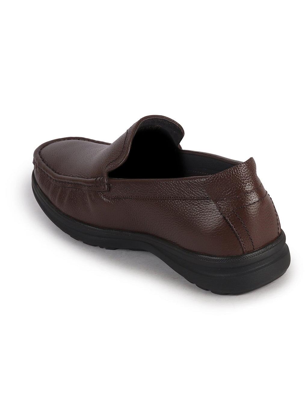 Men Brown Genuine Leather Upper Stitched Round Toe Formal Pull On Loafer Shoe For Office, Meetings|Anti Skid Flexible EVA Sole|Leather Memory Cushioned Insole