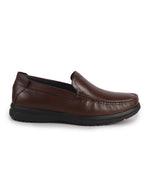 Men Brown Genuine Leather Upper Stitched Round Toe Formal Pull On Loafer Shoe For Office, Meetings|Anti Skid Flexible EVA Sole|Leather Memory Cushioned Insole