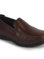 Men Brown Genuine Leather Upper Stitched Round Toe Formal Pull On Loafer Shoe For Office, Meetings|Anti Skid Flexible EVA Sole|Leather Memory Cushioned Insole