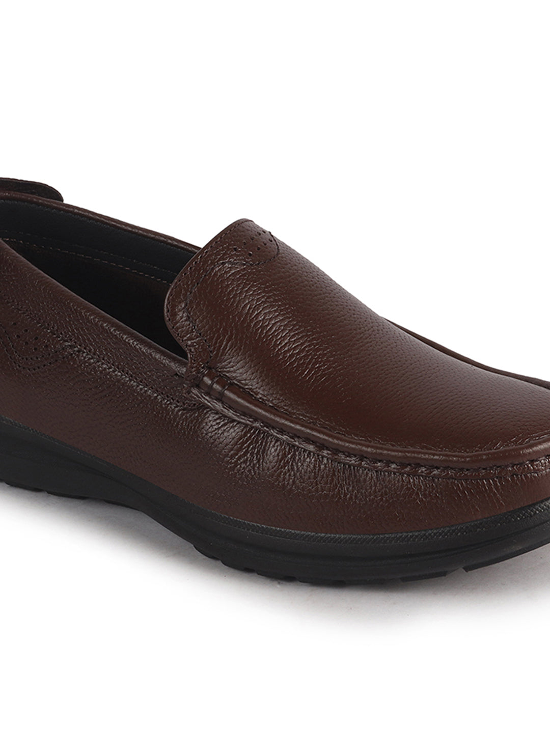 Men Brown Genuine Leather Upper Stitched Round Toe Formal Pull On Loafer Shoe For Office, Meetings|Anti Skid Flexible EVA Sole|Leather Memory Cushioned Insole
