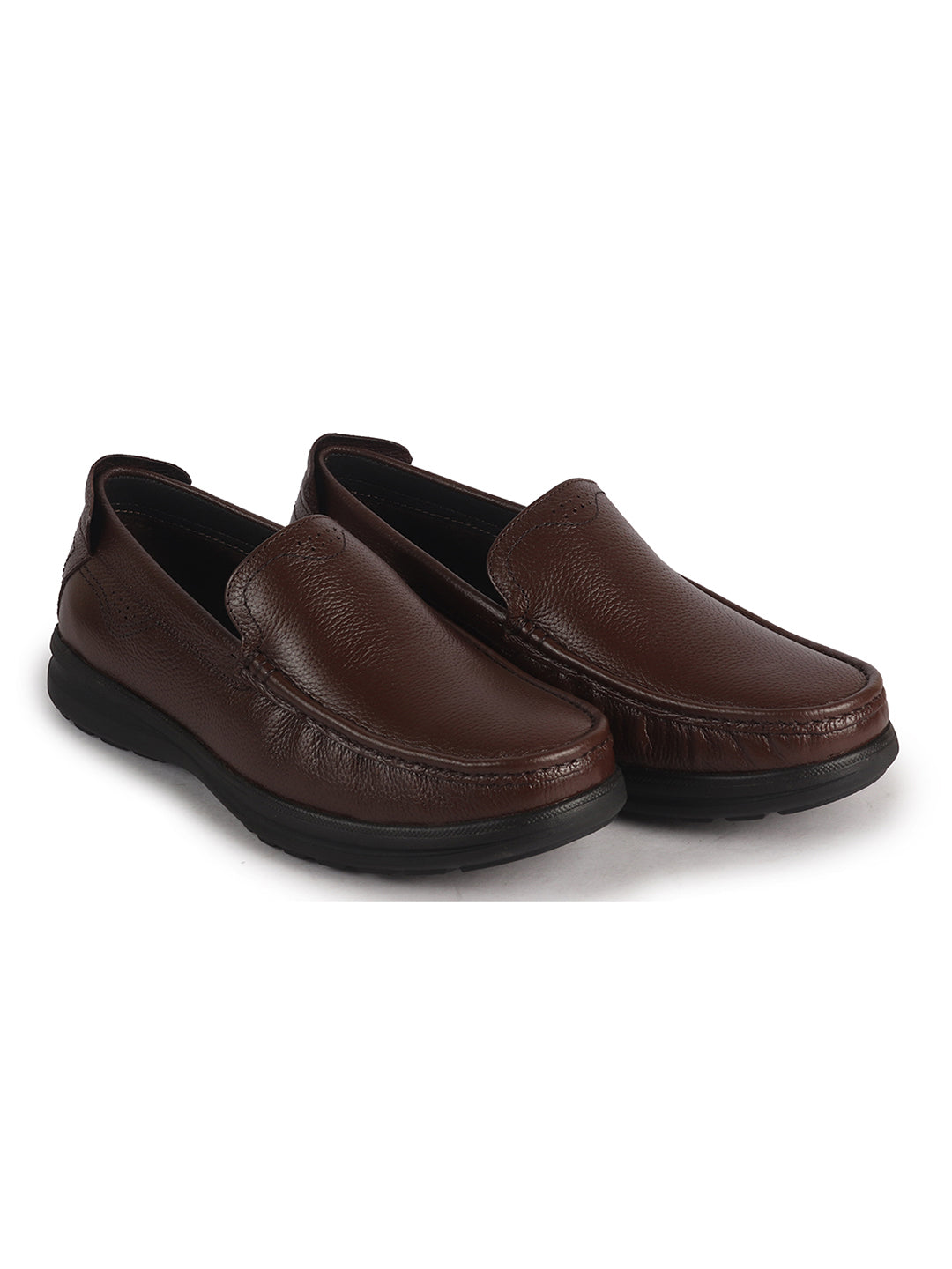 Men Brown Genuine Leather Upper Stitched Round Toe Formal Pull On Loafer Shoe For Office, Meetings|Anti Skid Flexible EVA Sole|Leather Memory Cushioned Insole