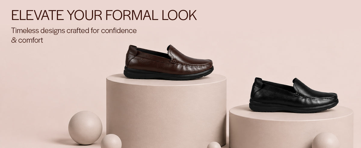 Men Black Genuine Leather Upper Stitched Round Toe Formal Pull On Loafer Shoe For Office, Meetings|Anti Skid Flexible EVA Sole|Leather Memory Cushioned Insole