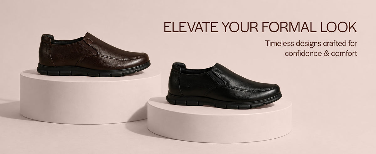 Men Black Genuine Leather Formal Round Toe Pull-On Loafer Shoe with Superior Comfort|Shock Absorption Leather Memory Cushioned Insole|Broad Feet, Anti Skid Sole