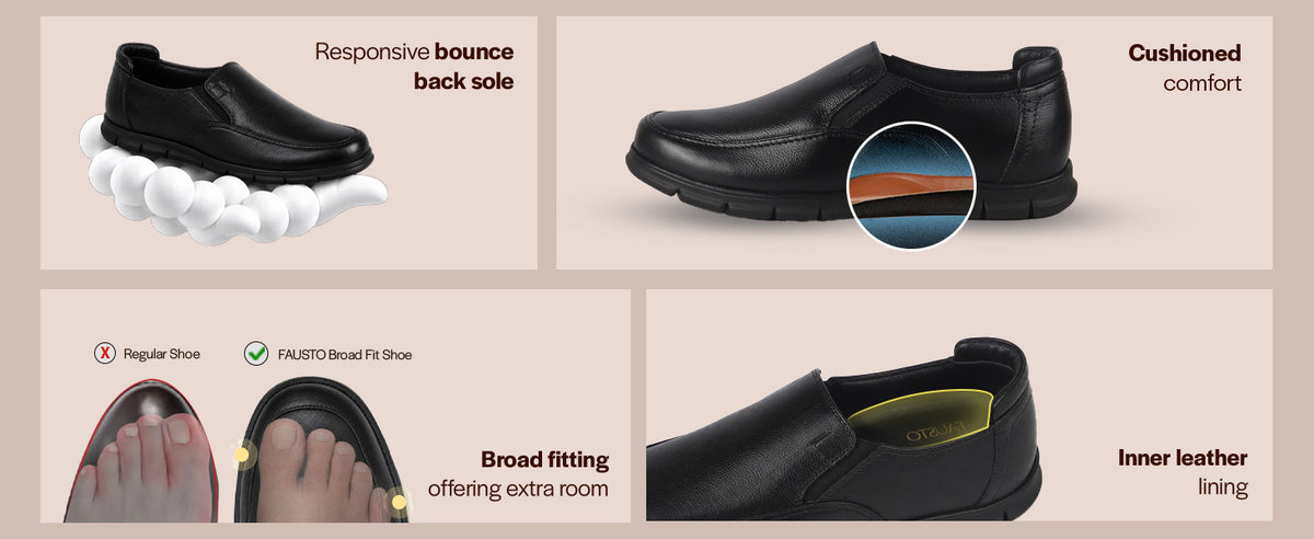 Men Black Genuine Leather Formal Round Toe Pull-On Loafer Shoe with Superior Comfort|Shock Absorption Leather Memory Cushioned Insole|Broad Feet, Anti Skid Sole