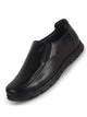 Men Black Genuine Leather Formal Round Toe Pull-On Loafer Shoe with Superior Comfort|Shock Absorption Leather Memory Cushioned Insole|Broad Feet, Anti Skid Sole