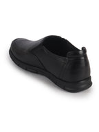 Men Black Genuine Leather Formal Round Toe Pull-On Loafer Shoe with Superior Comfort|Shock Absorption Leather Memory Cushioned Insole|Broad Feet, Anti Skid Sole