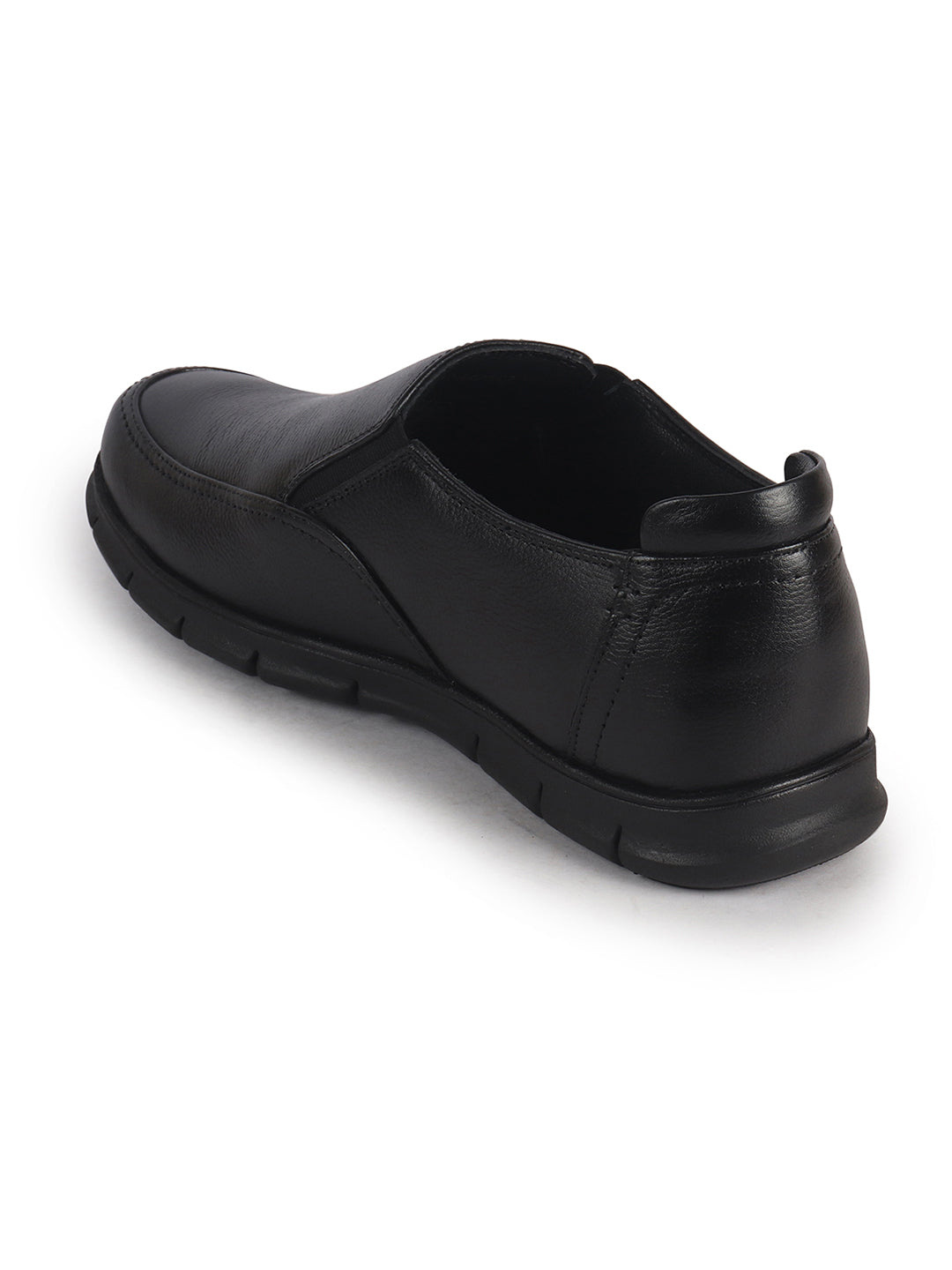 Men Black Genuine Leather Formal Round Toe Pull-On Loafer Shoe with Superior Comfort|Shock Absorption Leather Memory Cushioned Insole|Broad Feet, Anti Skid Sole