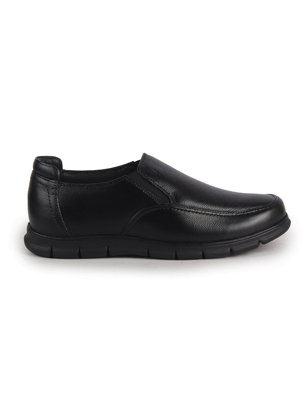 Men Black Genuine Leather Formal Round Toe Pull-On Loafer Shoe with Superior Comfort|Shock Absorption Leather Memory Cushioned Insole|Broad Feet, Anti Skid Sole