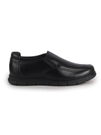 Men Black Genuine Leather Formal Round Toe Pull-On Loafer Shoe with Superior Comfort|Shock Absorption Leather Memory Cushioned Insole|Broad Feet, Anti Skid Sole