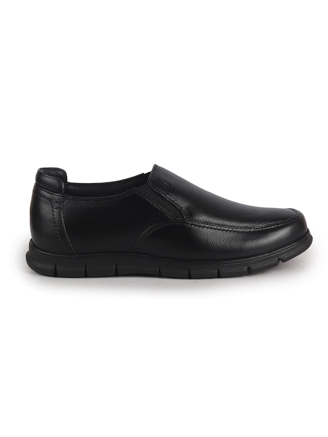 Men Black Genuine Leather Formal Round Toe Pull-On Loafer Shoe with Superior Comfort|Shock Absorption Leather Memory Cushioned Insole|Broad Feet, Anti Skid Sole