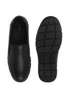 Men Black Genuine Leather Formal Round Toe Pull-On Loafer Shoe with Superior Comfort|Shock Absorption Leather Memory Cushioned Insole|Broad Feet, Anti Skid Sole