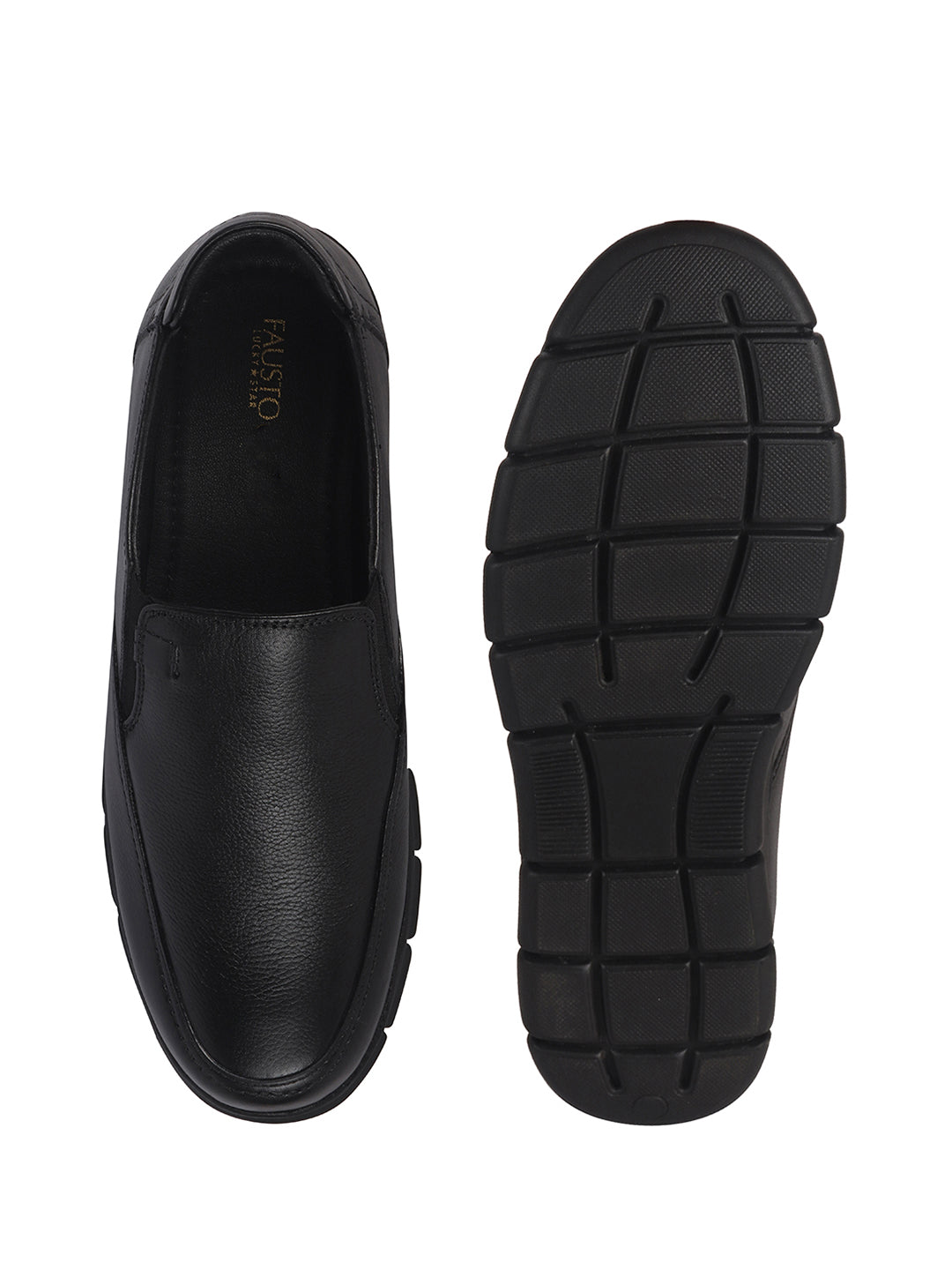 Men Black Genuine Leather Formal Round Toe Pull-On Loafer Shoe with Superior Comfort|Shock Absorption Leather Memory Cushioned Insole|Broad Feet, Anti Skid Sole