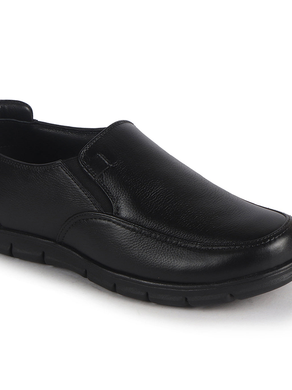 Men Black Genuine Leather Formal Round Toe Pull-On Loafer Shoe with Superior Comfort|Shock Absorption Leather Memory Cushioned Insole|Broad Feet, Anti Skid Sole