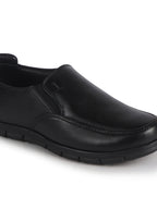 Men Black Genuine Leather Formal Round Toe Pull-On Loafer Shoe with Superior Comfort|Shock Absorption Leather Memory Cushioned Insole|Broad Feet, Anti Skid Sole
