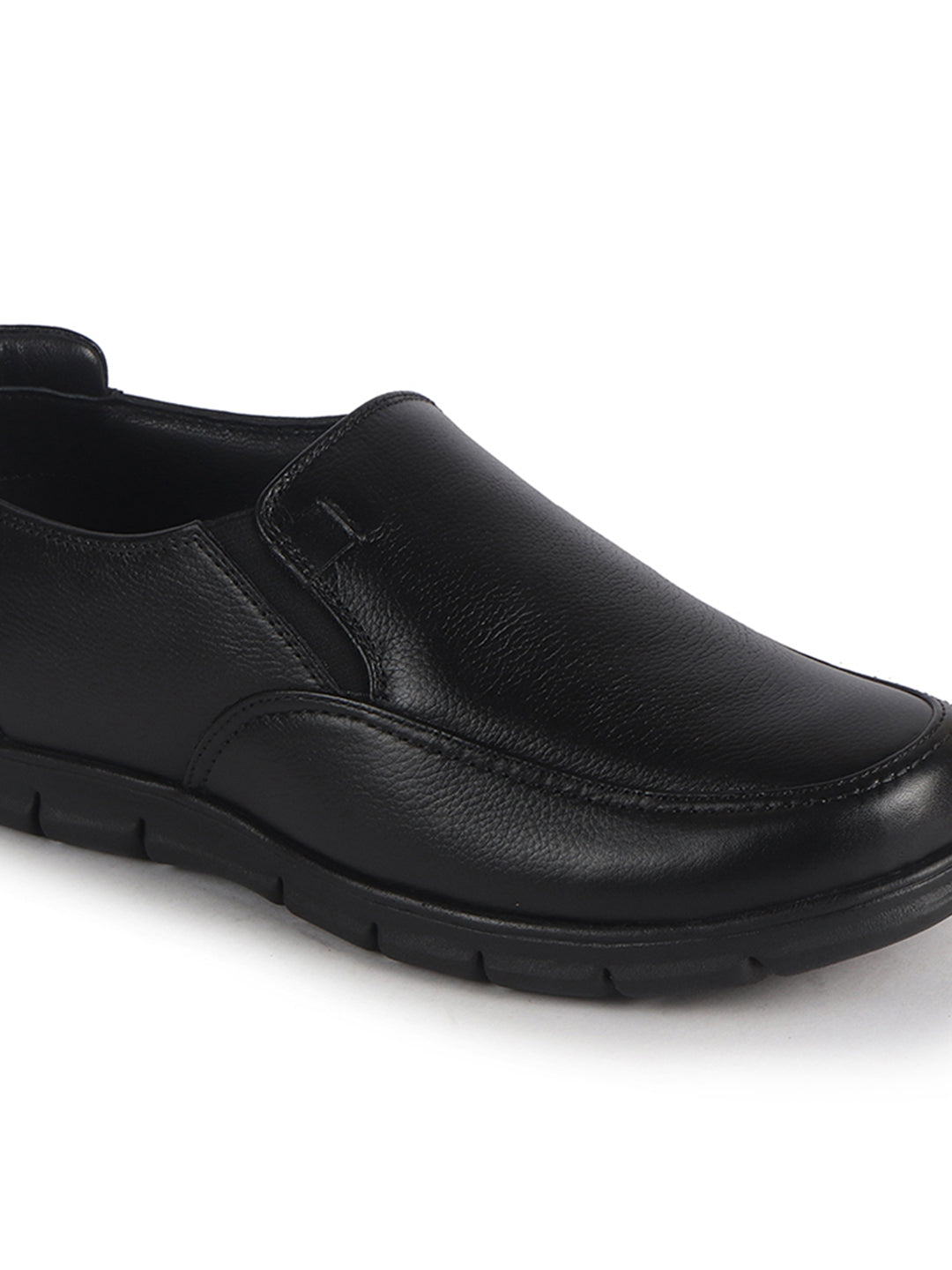 Men Black Genuine Leather Formal Round Toe Pull-On Loafer Shoe with Superior Comfort|Shock Absorption Leather Memory Cushioned Insole|Broad Feet, Anti Skid Sole