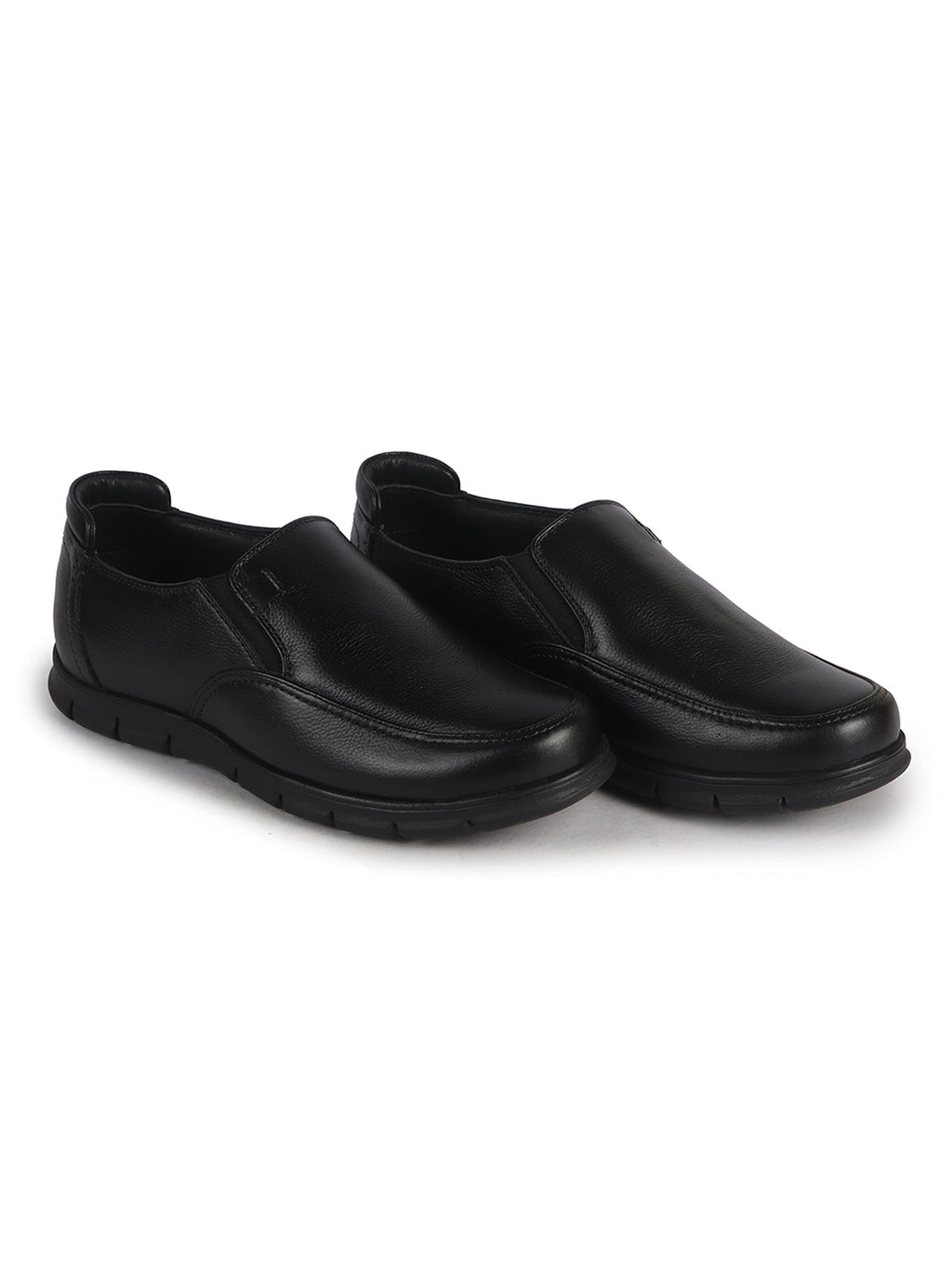 Men Black Genuine Leather Formal Round Toe Pull-On Loafer Shoe with Superior Comfort|Shock Absorption Leather Memory Cushioned Insole|Broad Feet, Anti Skid Sole