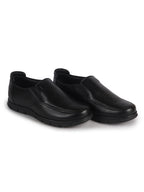 Men Black Genuine Leather Formal Round Toe Pull-On Loafer Shoe with Superior Comfort|Shock Absorption Leather Memory Cushioned Insole|Broad Feet, Anti Skid Sole