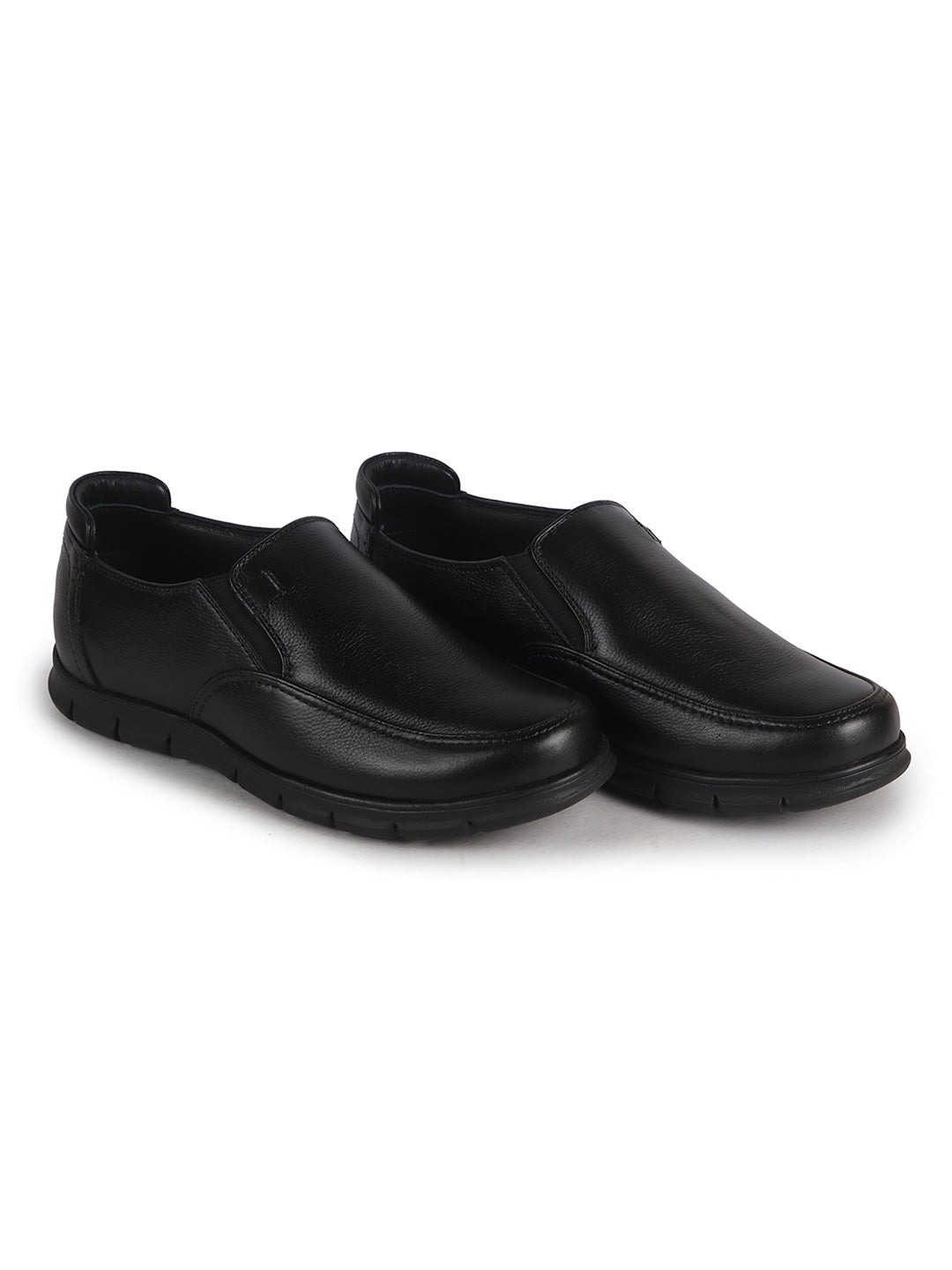Men Black Genuine Leather Formal Round Toe Pull-On Loafer Shoe with Superior Comfort|Shock Absorption Leather Memory Cushioned Insole|Broad Feet, Anti Skid Sole