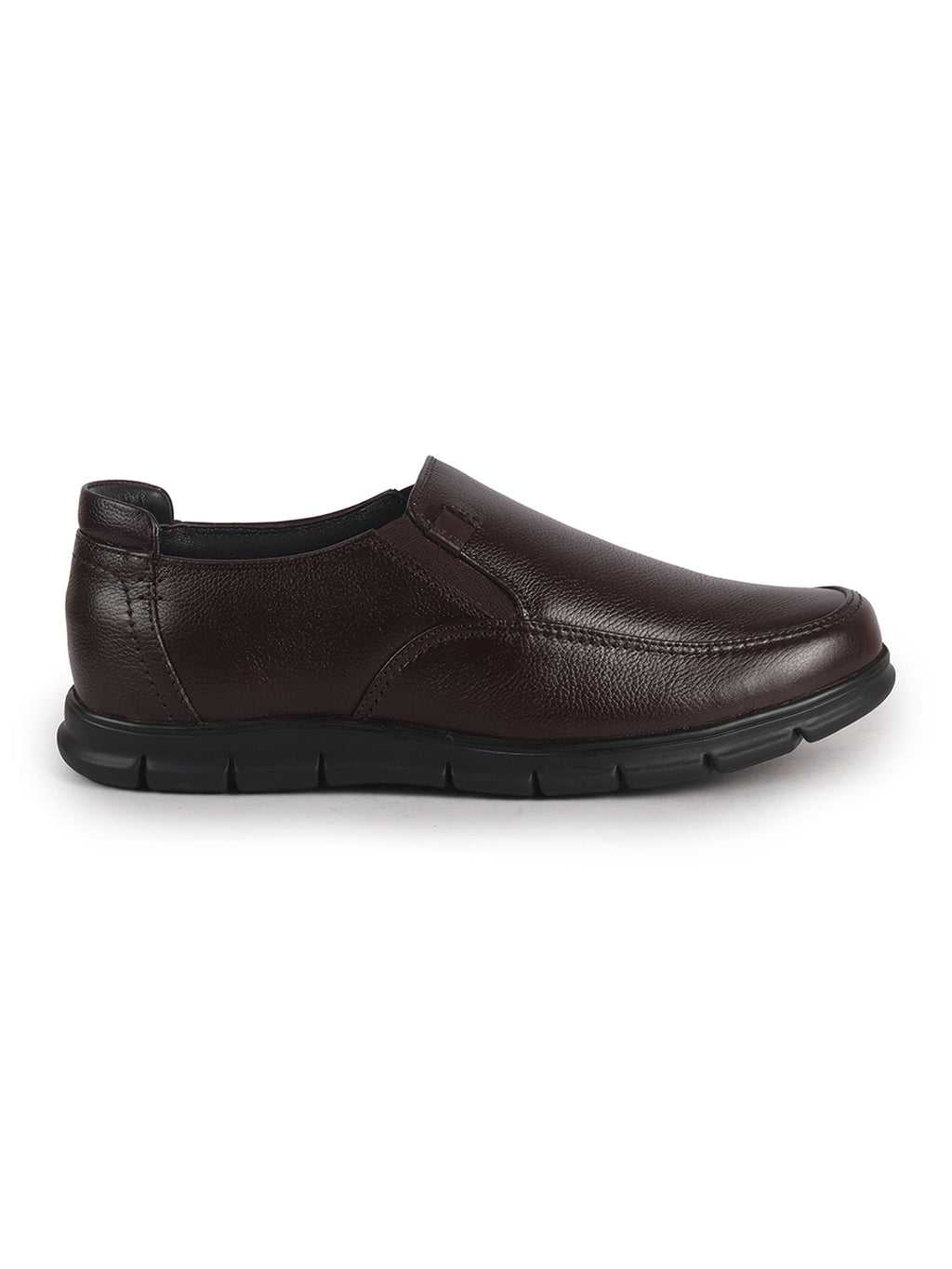 Men Brown Genuine Leather Formal Round Toe Pull-On Loafer Shoe with Superior Comfort|Shock Absorption Leather Memory Cushioned Insole|Broad Feet, Anti Skid Sole