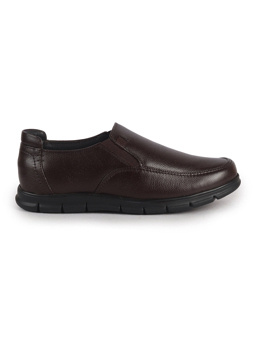 Men Brown Genuine Leather Formal Round Toe Pull-On Loafer Shoe with Superior Comfort|Shock Absorption Leather Memory Cushioned Insole|Broad Feet, Anti Skid Sole